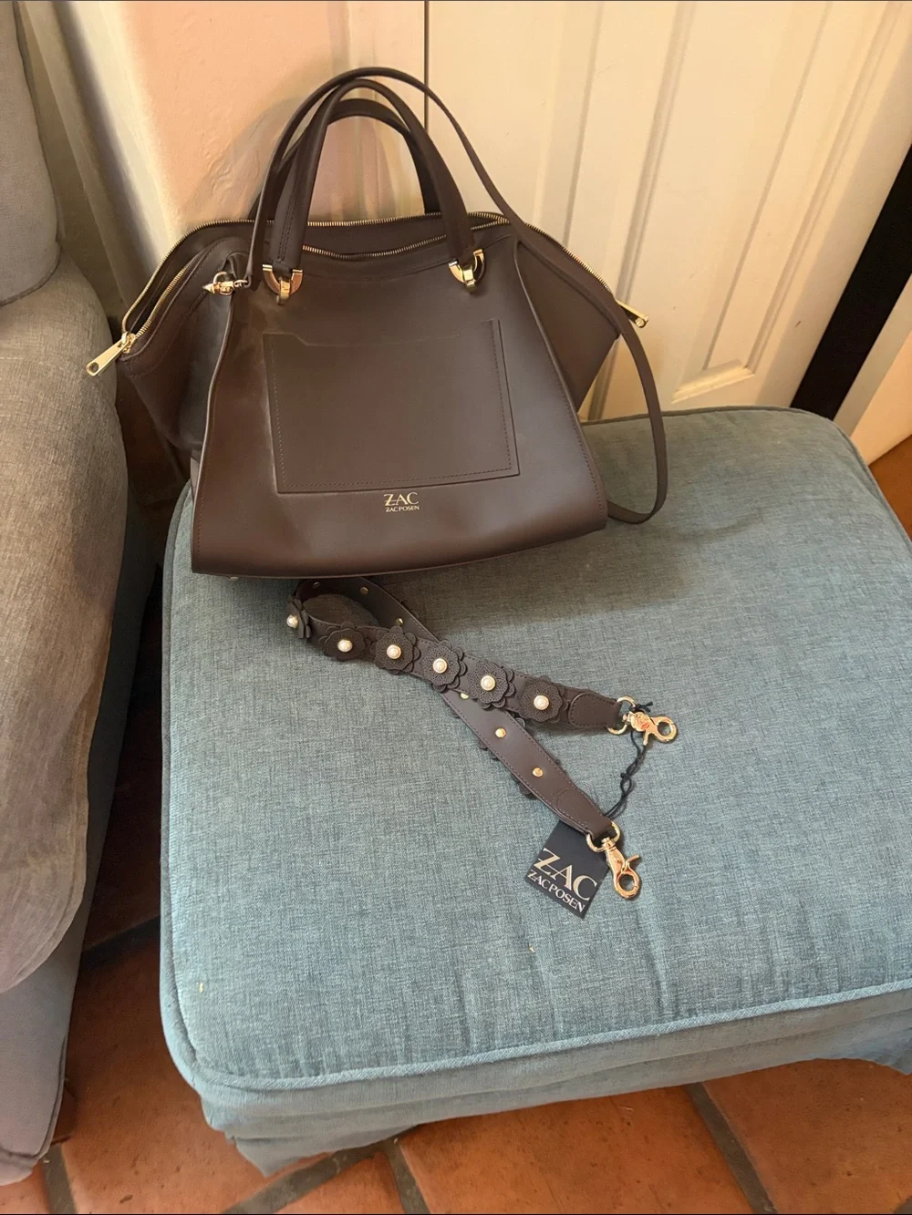 Zac Posen Women's Dark Brown Leather Satchel with Floral Strap